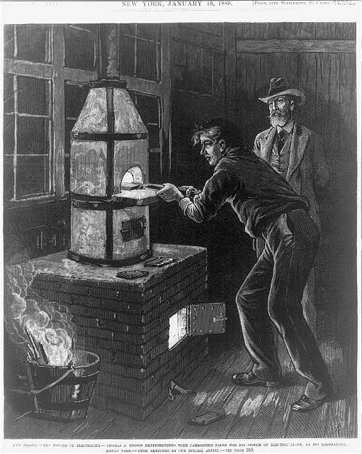 Wood engraving of Thomas Edison experimenting at Menlo Park.
