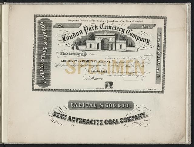 Stock certificate specimen and letterhead print from the 1850s.