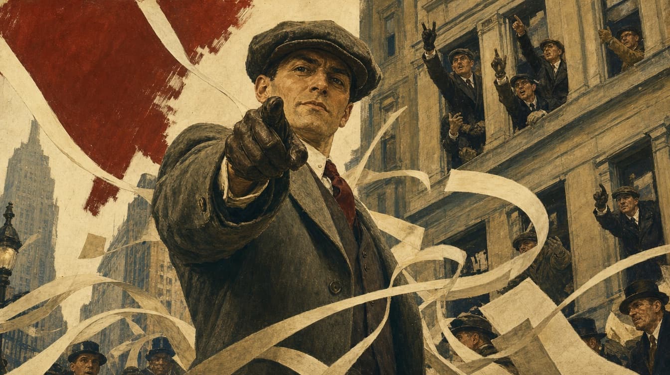 Painted curb broker pointing at the viewer amid ticker tape