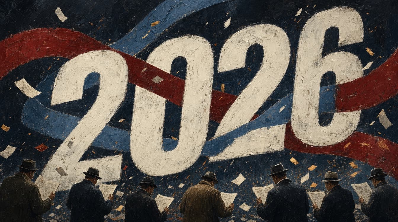 Typographic painting with ticker-tape ribbons over a dark ground