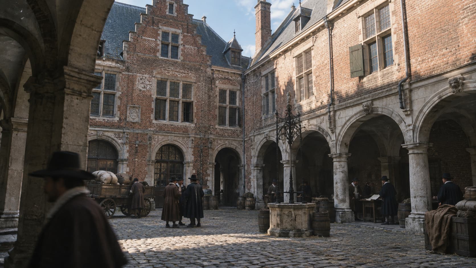 A sunlit Dutch merchant-exchange courtyard seen from a shaded arcade, with merchants and a blurred passerby
