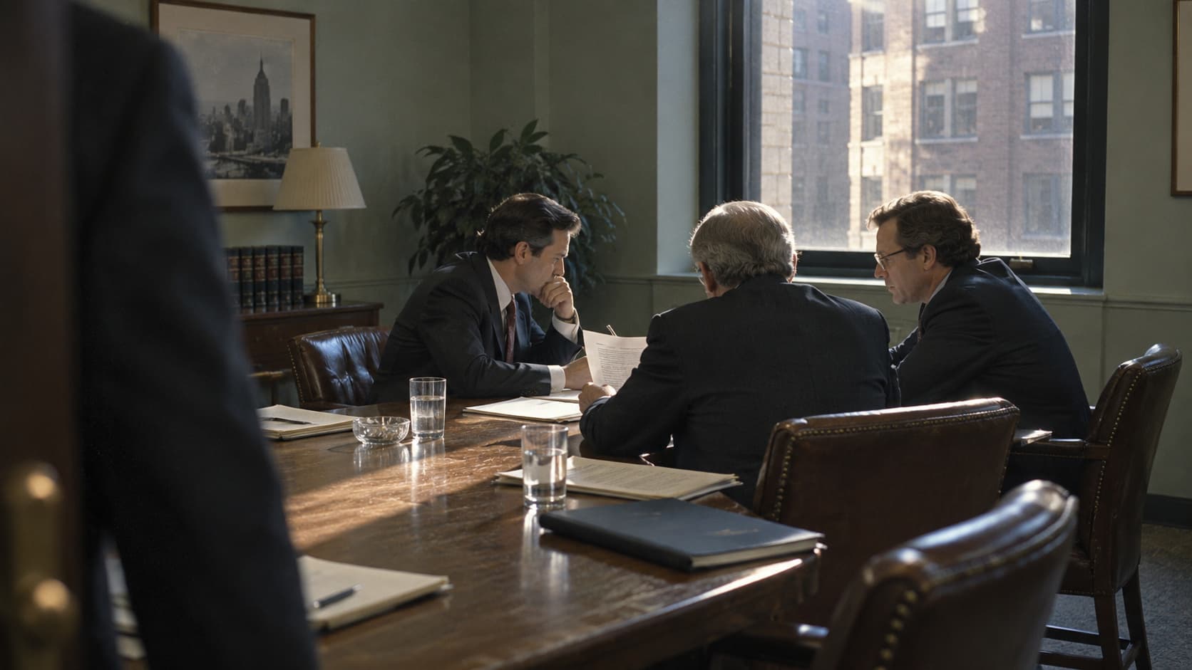 A candid view past a blurred foreground figure of executives reviewing papers at a sunlit conference table