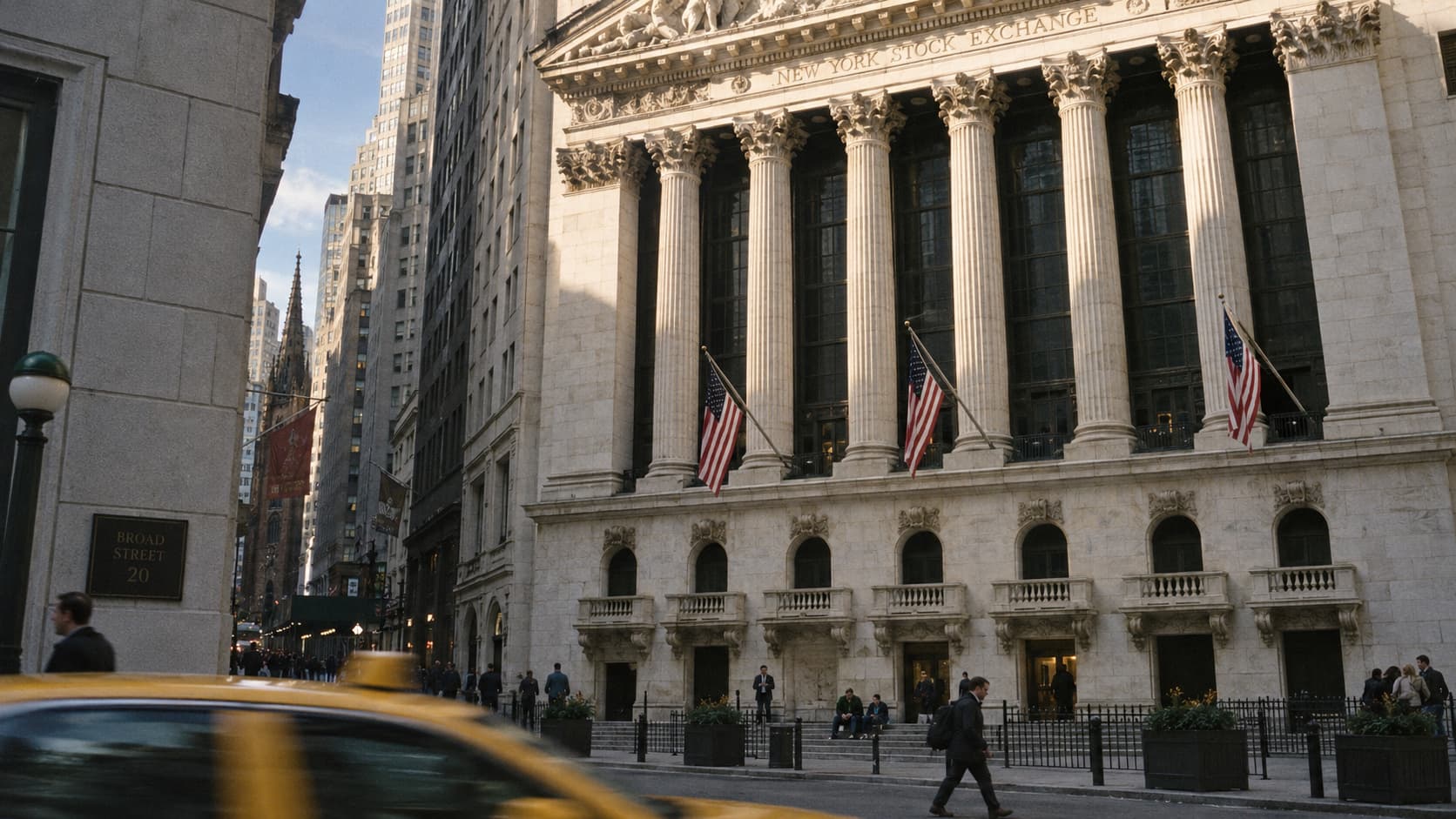 The New York Stock Exchange in afternoon light, with pedestrians and a passing yellow cab in the foreground