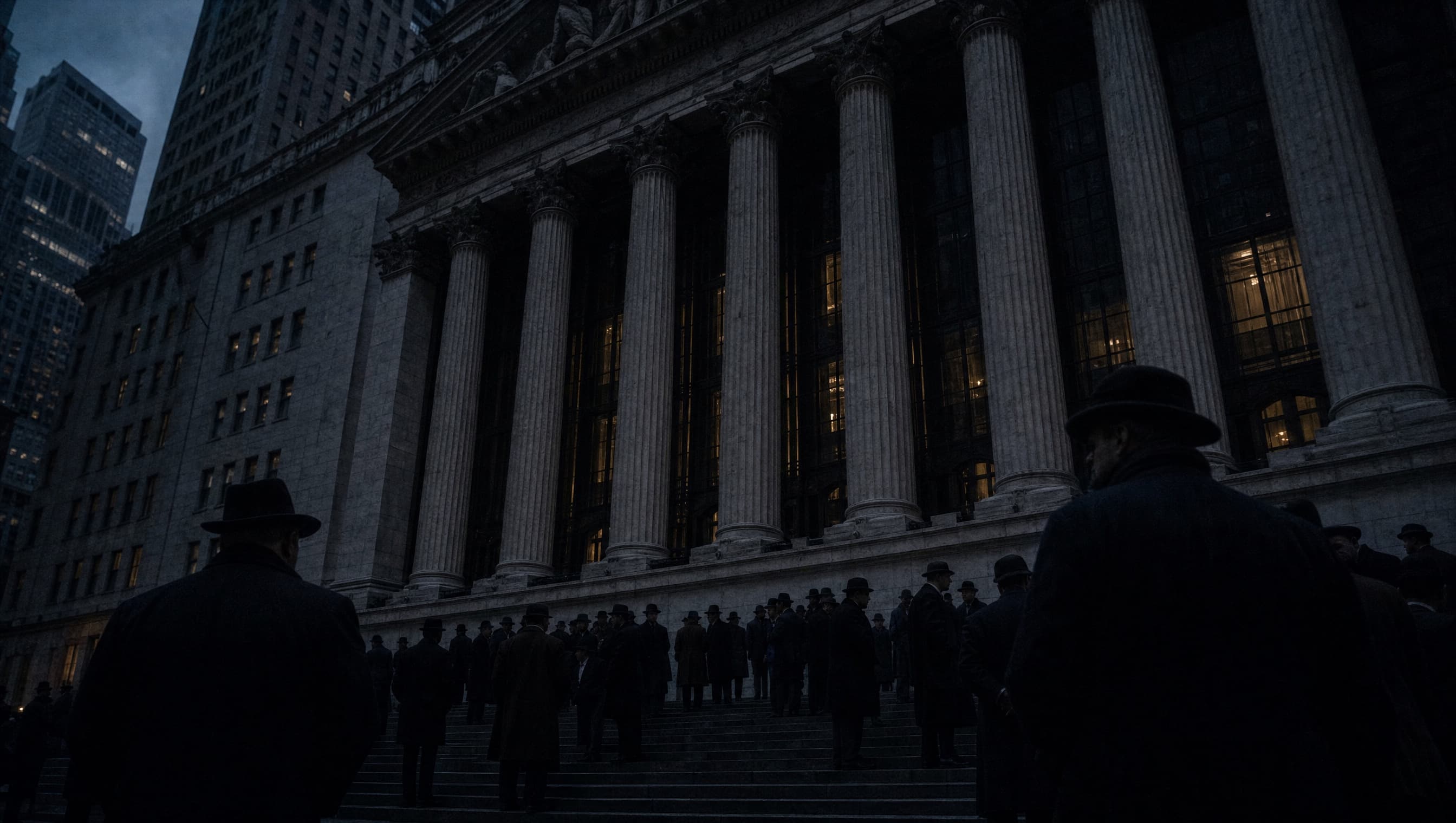 A crowd in dark coats gathered at dusk on the steps of a monumental exchange facade