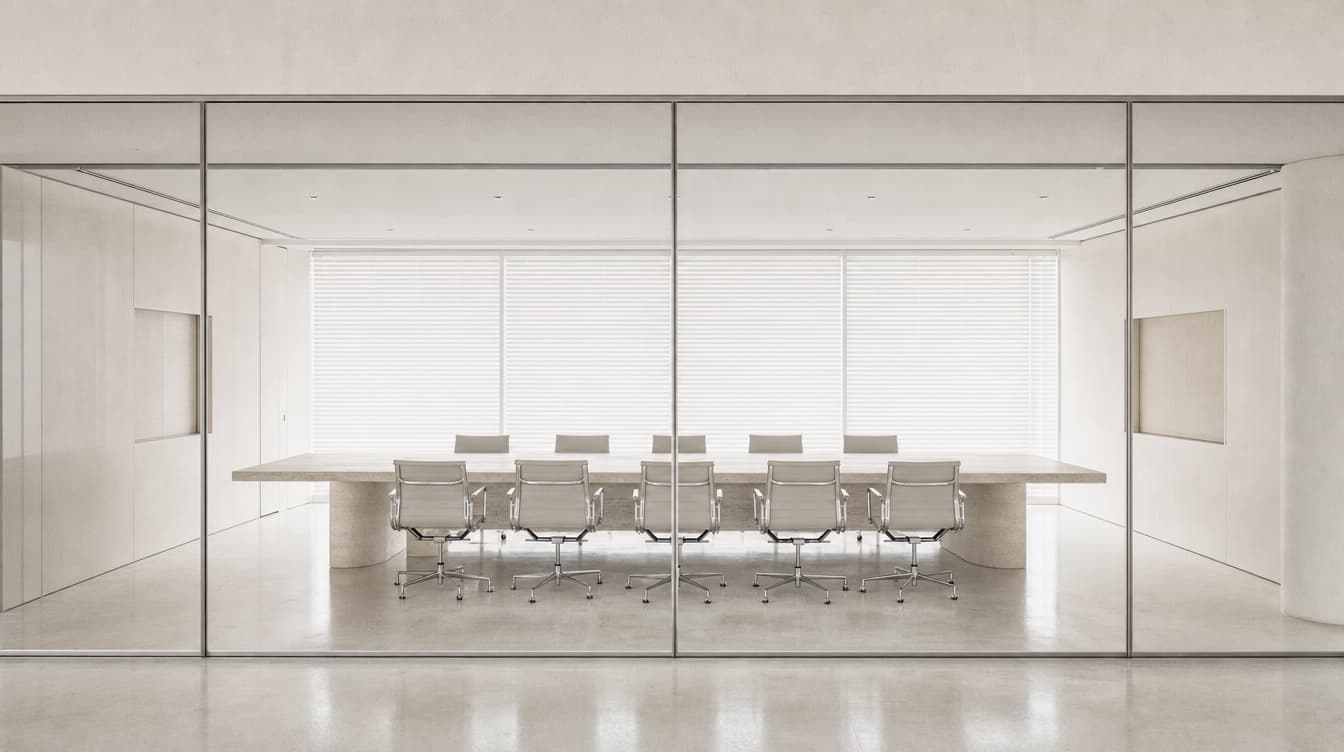 An empty boardroom behind a glass wall, one long stone table and a row of chairs in pale diffuse light