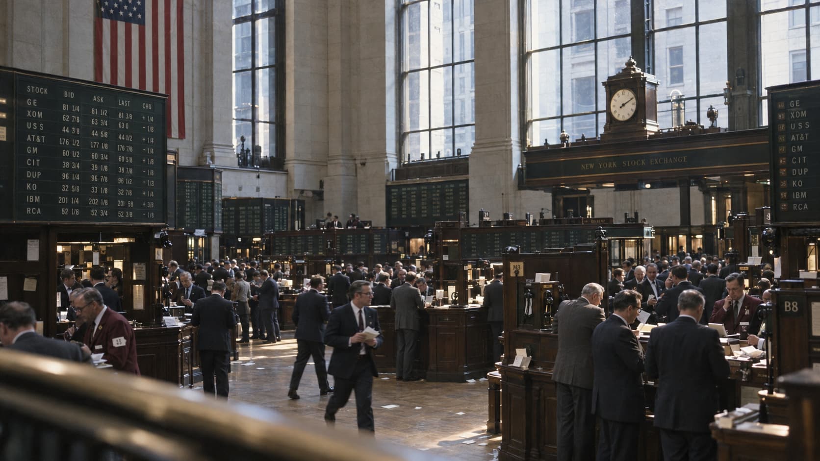 Brokers moving among quotation boards and timber trading posts on a daylight-lit New York exchange floor