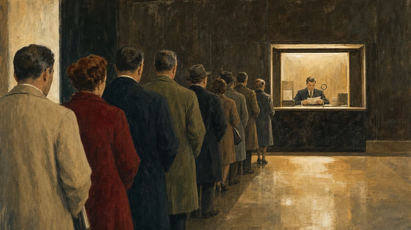 A painted queue of employees before a single lit teller window in a dark corporate lobby