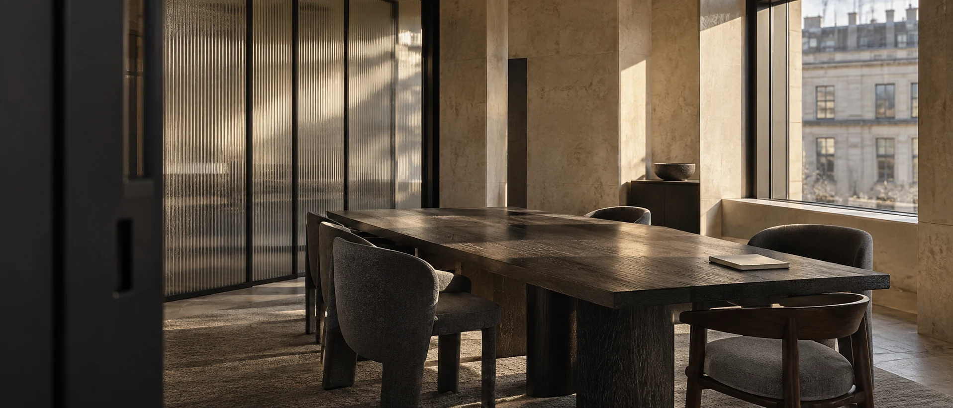 Window light falling across a quiet meeting room