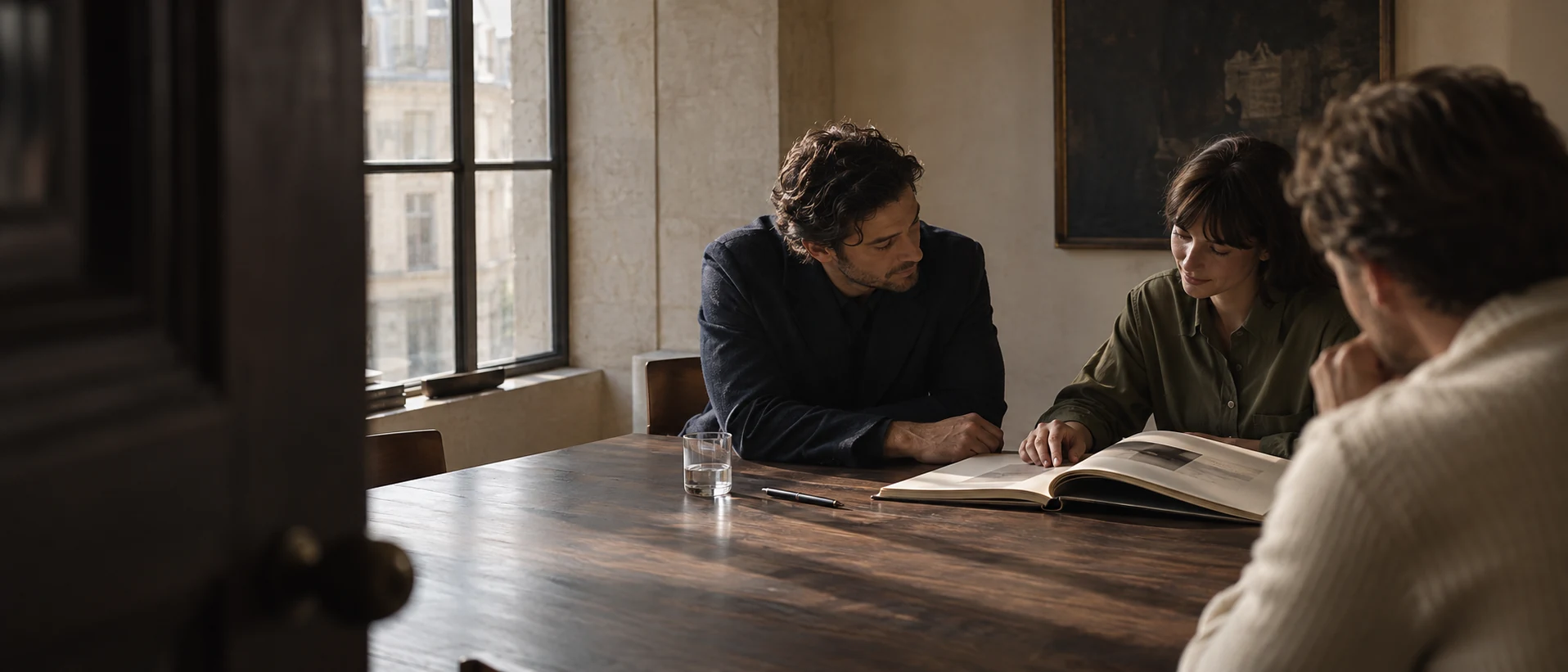 Three colleagues sharing ideas around a walnut table in a sunlit studio.